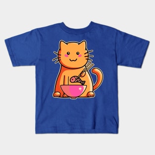 Cute cat eating fish with chopsticks Kids T-Shirt